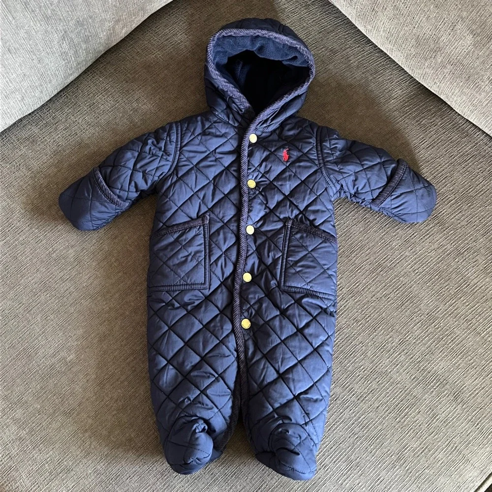 Ralph Lauren Navy Blue Quilted Bunting Snowsuit Hooded Fleece Lined 3M Infant